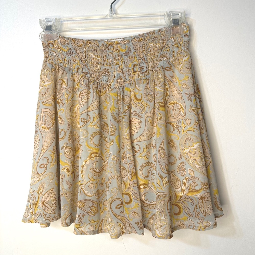 12th Tribe Mini Skirt Womens Medium Gold Tan Excellent Smocked Paisley Boho
